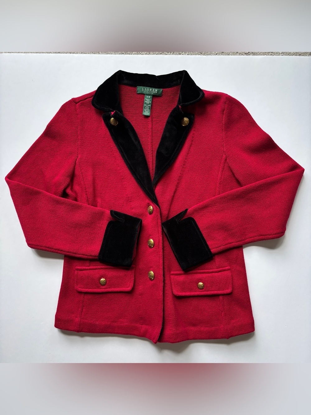 Lauren Ralph Lauren Velvet Collar 3 Crest Gold Button Blazer Coat Jacket PM Red - Picture 1 of 7